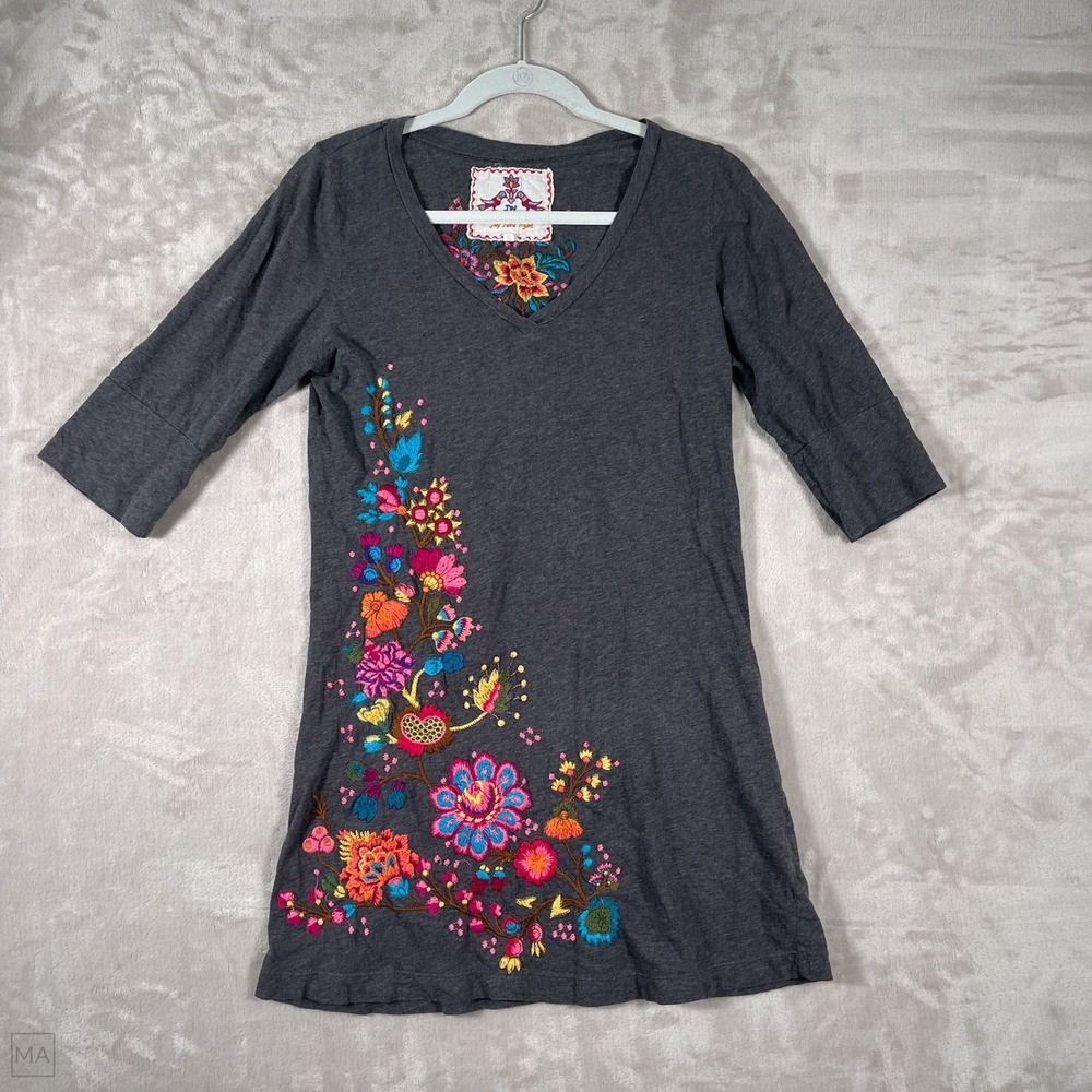 Johnny Was JW Los Angeles Women's Tunic Dress Embroidered Floral Boho M Gray